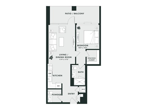 Floor plan for 1 bed, 1 bath, 731 sqft